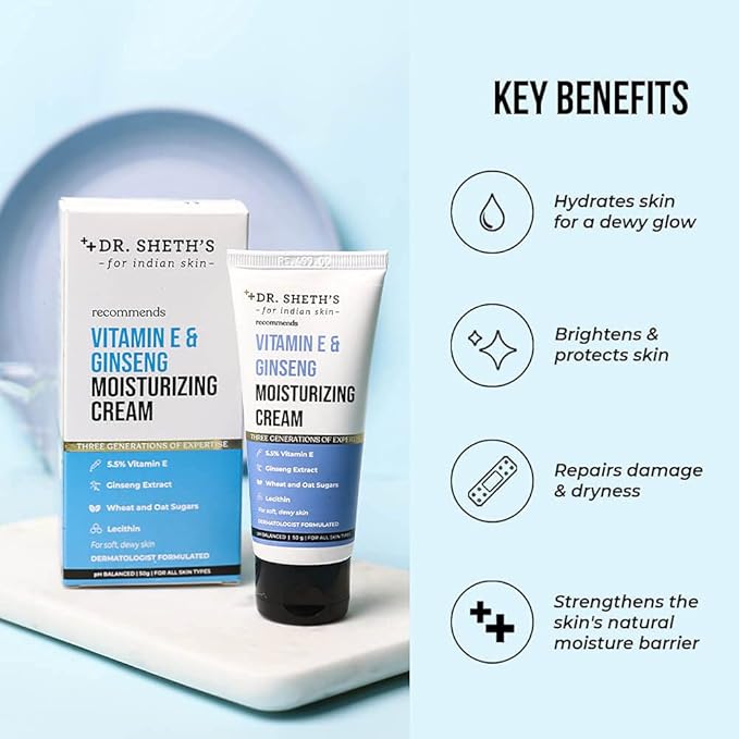 Dr. Sheth's Vitamin E & Ginseng Face Moisturizer Cream for Instant Hydration | Non-Greasy, Fast-Absorbing | For All Skin Types | For Women & Men | 50g