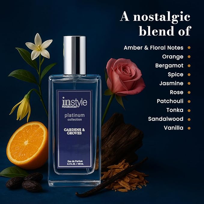 Instyle Fragrances Platinum Collection Gardens & Groves, Inspired by C.hanel's C.oco Mademoiselle, Premium Women’s Eau de Parfum, CLEAN, Vegan, Paraben-Free, Never Tested on Animals, 3.4 Fluid Ounces