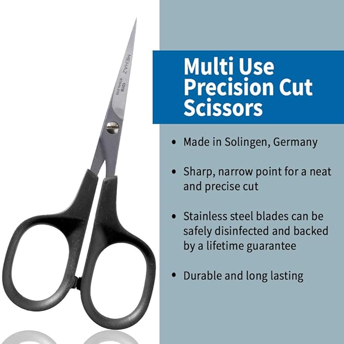 Mehaz Precision Cut Stainless Steel Scissors to trim nails, brows, facial hair and split ends