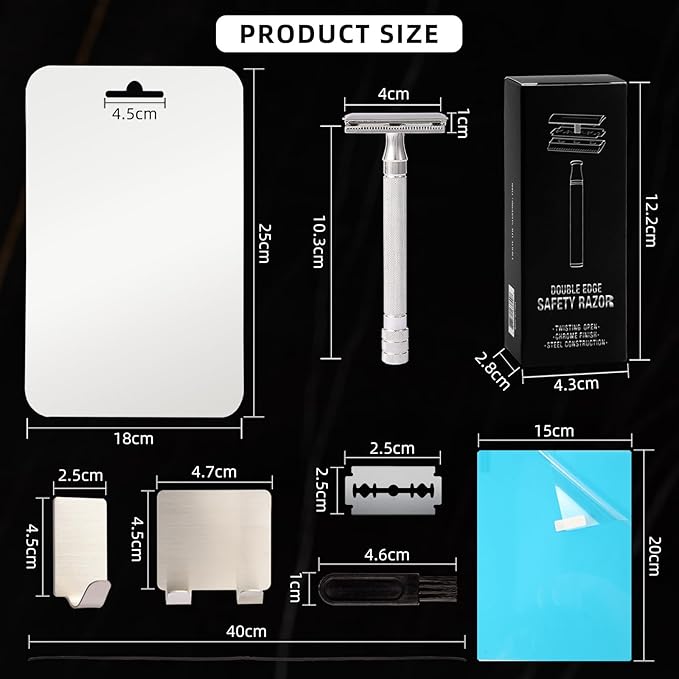 Shower Mirror Fogless for Shaving,Shower Mirror Fogless Set with 5 Blades,1 Double Edge Safety Razor,1 Cleaning Brush,1 Fog Free Shower Mirror,2 Shaver Holder and 1 Lifting Rope (Sliver)