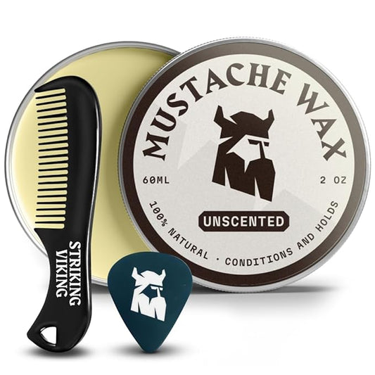 Striking Viking Mustache Wax Kit with Comb - 2 oz, Unscented, Strong Hold - Unscented Mustache Wax for Men & Anti-Static Comb for Precise Grooming - Non-Greasy Formula for Easy Beard Care
