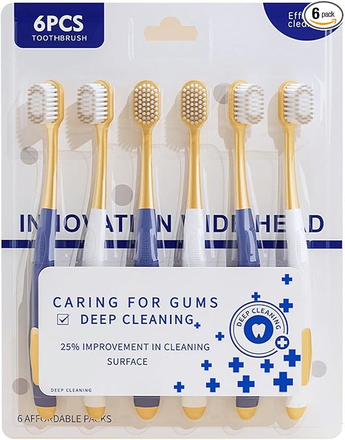 Soft Bristle Toothbrush 6-Pack for Adults, Wide Head Manual Toothbrushes for Sensitive Teeth & Gums, Extra Gentle Deep Cleaning Oral Care