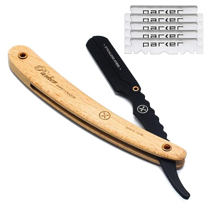 Parker SRP Pine Wood Handle Straight Edge Barber Razor – Stainless Steel Clip‑Type Straight Razor, 5 Premium Half DE Blades Included