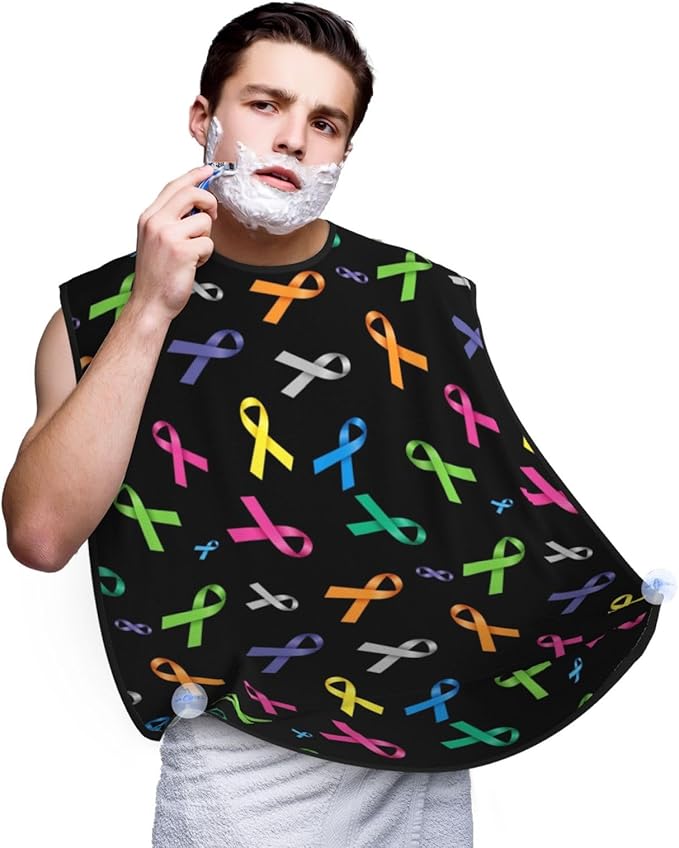 Beard Bib with 3 Suction Cups, Non-Stick Waterproof Hair Catcher Apron, Men's Shaving Essential for Grooming, Cancer Awareness Ribbon Shave Bib