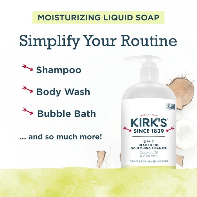 Kirk's 3-in-1 Head to Toe Nourishing Liquid Cleanser & Travel Size Bar Soap - for Men, Women & Children - Premium Coconut Oil and Aloe Vera- Non GMO & Vegan -Juniper & Lime - 32 Fl Oz. 2 pack