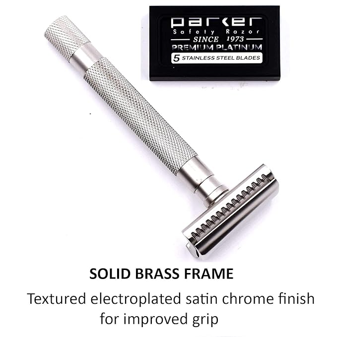 Parker Semi-Slant Safety Razor – Satin Chrome Finish | Smooth, Efficient Double Edge Wet Shaver for Men | Slanted Cutting Action + 5 Platinum Blades Included | Iconic Brand