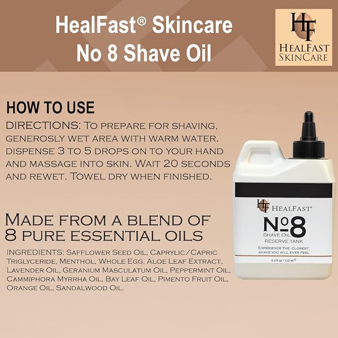 Healfast No 8 Shaving Oil Reserve Tank 4 Oz – Softens, Cleanses Pores – Prevents Razor Drag, Burn & Ingrown Hairs – Shave Oil for Men & Women – Can be used Before & After-Shave