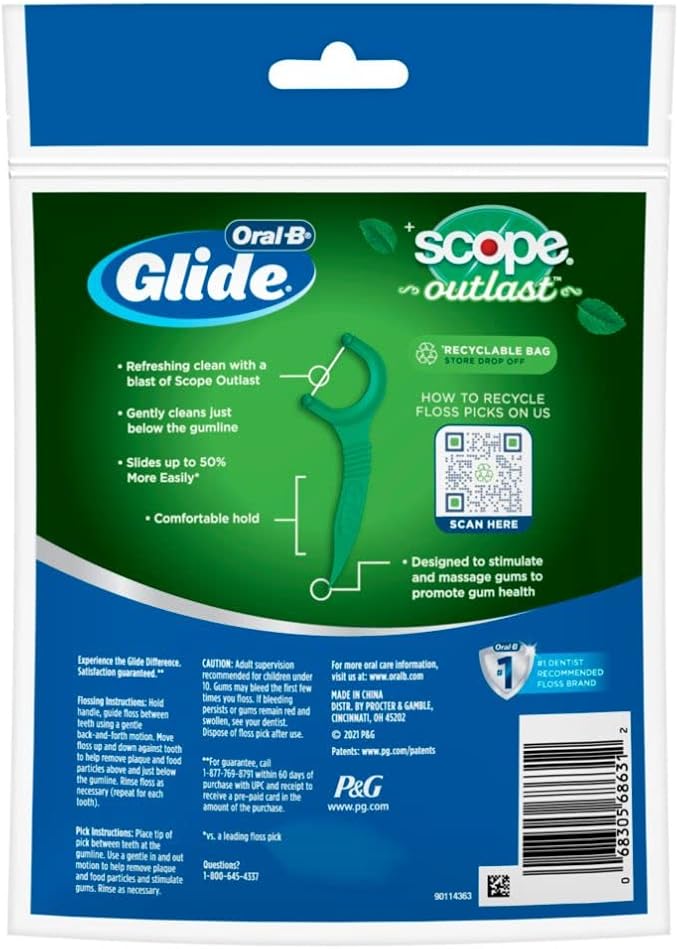 Oral-B Complete Glide Dental Floss Picks Plus Scope Outlast, Long Lasting Mint, 75 Dental Floss Picks, Pack of 6