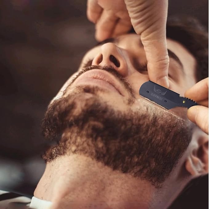 Straight Edge Barber Razor - Professional Stainless Steel Shaver with Shaving Strop for Men's Home & Salon Grooming (Black)