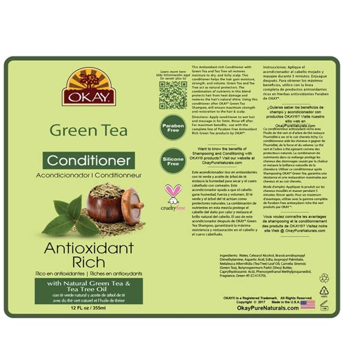 OKAY | Green Tea Nourishing Antioxidant Rich Conditioner | For All Hair Types & Textures | Revitalize - Rejuvenate - Restore | With Tea Tree Oil | Free of Paraben, Silicone, Sulfate | 12 oz , pale green