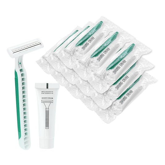 Disposable Razors in Bulk Pack of 30,Green Disposable Shaving Razors Individual Wrapped Twin Blade Bulk Disposable Razors with Clear Cap and 10g Shaving Cream for Homeless,Hotel,Travel,Charity,Shelter
