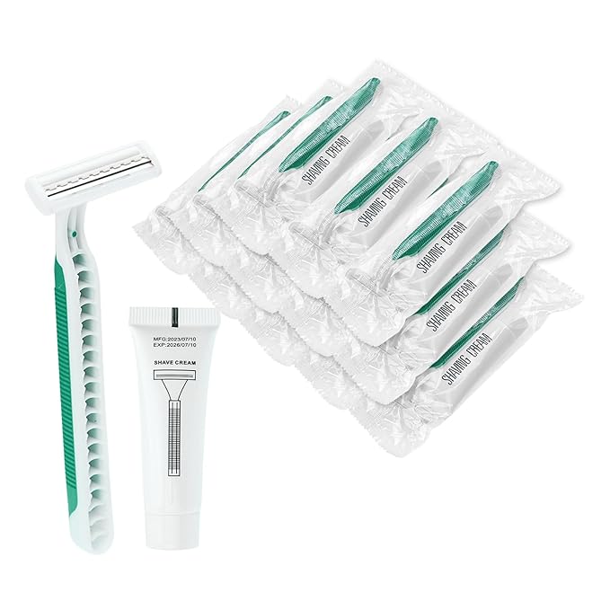 Disposable Razors in Bulk Pack of 120,Green Disposable Shaving Razor Individual Wrapped Twin Blade Bulk Disposable Razors with Clear Cap and 10g Shaving Cream for Homeless,Hotel,Travel,Charity,Shelter
