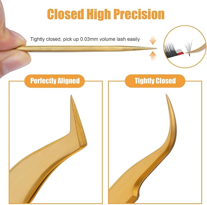 Lash Tweezers Set for Eyelash Extension, Eyelash Tweezers for Classic Individual and Volume Lash Extensions, Complete with Storage Case (Gold, 3PCS Set)