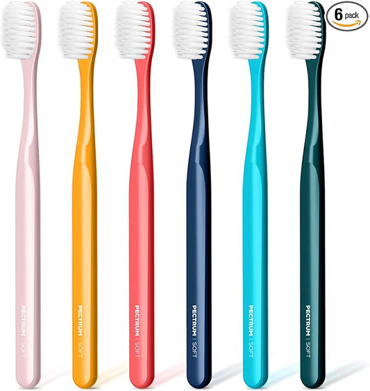 Extra Soft Manual Toothbrush Pack, 6 Count, Deep Cleaning Flossing Toothbrushes for Sensitive Teeth & Receding Gums, Tapered Bristles for Adults & Elders, Help Plaque Removal, Assorted Colors