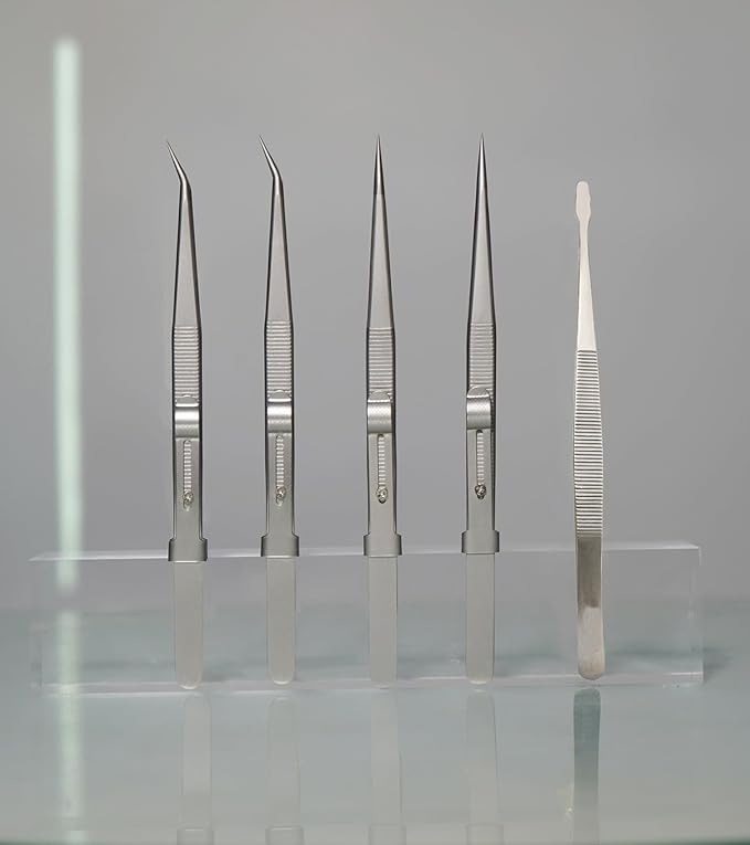 5Pcs Precision Tweezers Set, Flat/Pointed/Curved Angled Locking Long Tweezers for Crafts, Medical Surgical, Lab, Soldering, Jewelry Crafting, Watch & Electronics/Car Repair,Splinter Removal