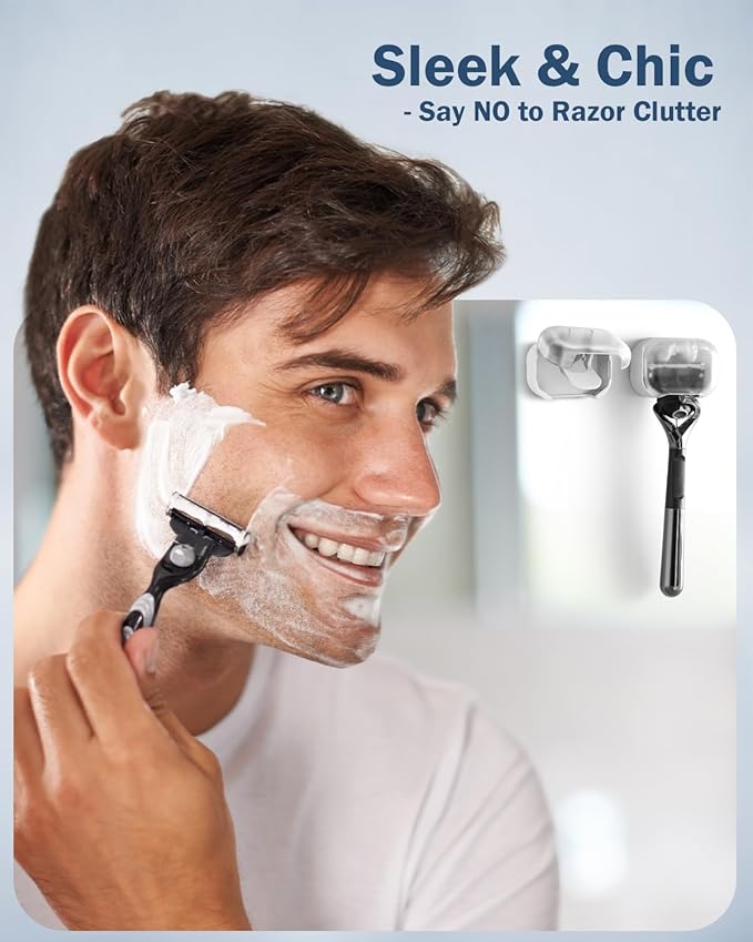 BEZOX Wall Mounted Razor Holder (2-Pack) – Auto-Closing Dust Cover, No-Drill Adhesive Mount Razors Hanger for Shower & Bathroom – Sleek Razor Stand for Men, Safety Razor Organizer with Secure Hooks