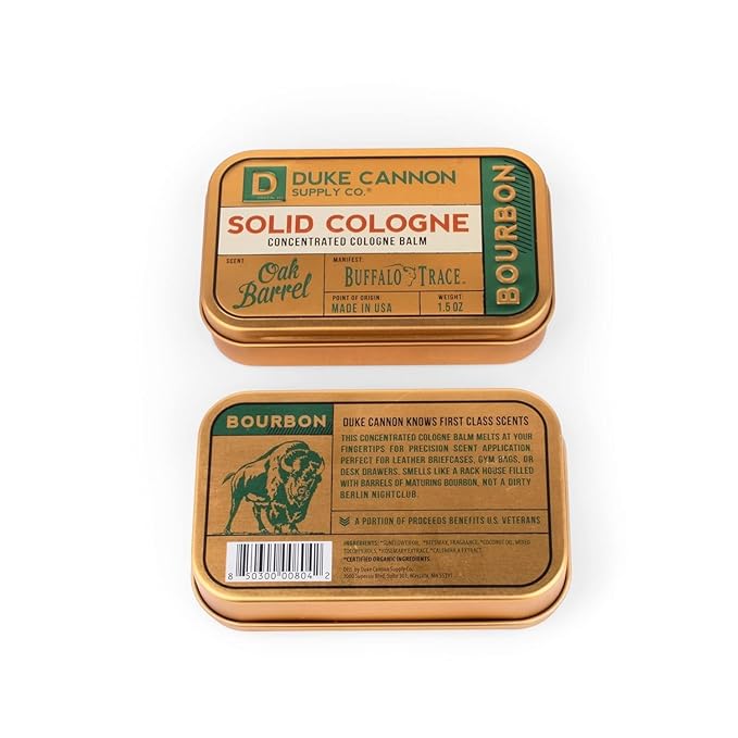 Duke Cannon Supply Co. Solid Cologne for Men Bourbon (Woodsy, Charred Oak Barrel Scent) - Concentrated Balm, Travel-Friendly Convenient Tin, 1.5 oz