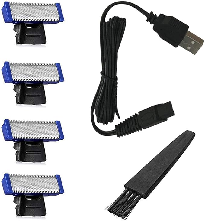 Shaver Head Replacement Charger and Brush for Electric Solo Shaver Cleaning Bursh USB Data Cable Power Trimmer Solo Head Replacement Charge Line (4Shaver head & cord&brush)