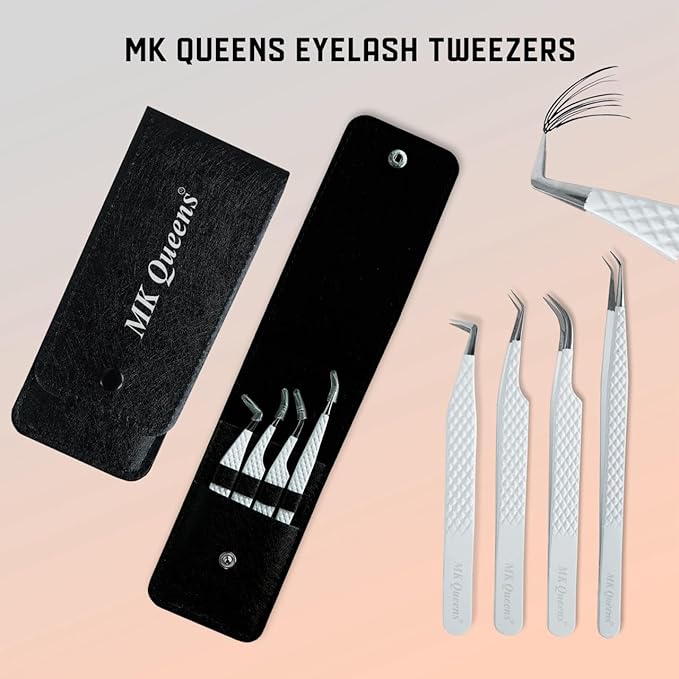 Lash Tweezers - Stainless Steel Fiber Tip Eyelash Tweezers (Set of 4) - Diamond Grip Professional Lash Tweezers for Eyelash Extensions (White)