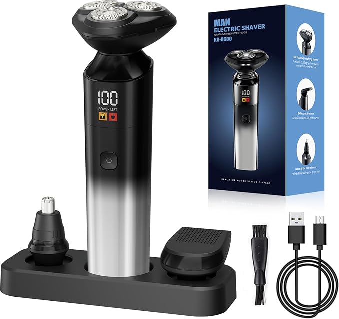 Electric Razor for Men, Rechargeable Electric Shaver for Men, Waterproof 3D Rotary Shaving, Wet/Dry Cordless 3-in-1 Electric Shaver with Beard Trimmer, Sideburn & Nose Hair Groomer