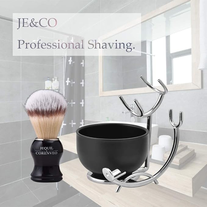 JEQUIL&CORENVEO Deluxe Shaving Kit for Men, 3 in 1 Shaving Set Includes Shaving Brush, Shaving Bowl, Razor & Brush Holder