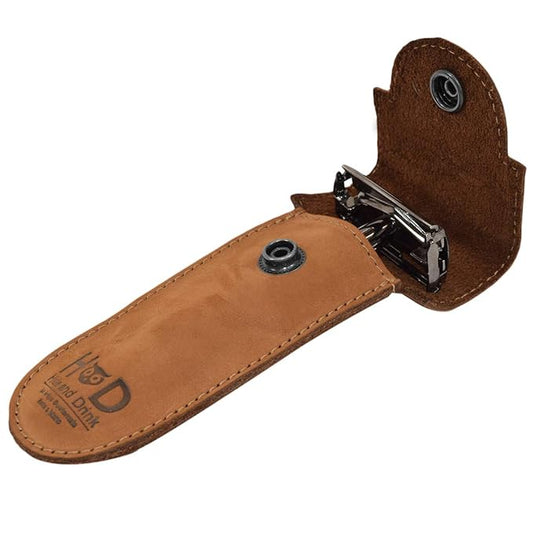 Hide & Drink, Double Edge Protector Case, Barber Razor Sheath, Safety Cover, Travel and Commuter Essentials, Portable Carry Bag, Vintage, Full Grain Leather, Handmade, Old Tobacco