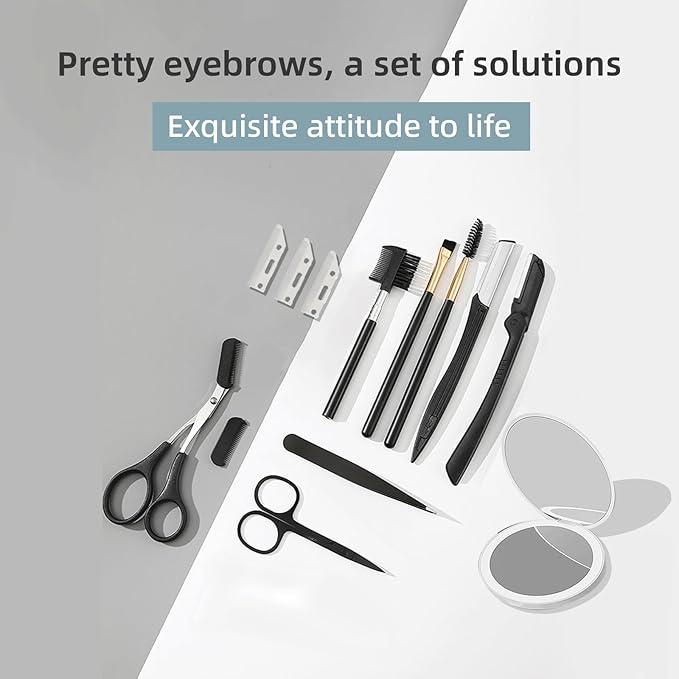 13-in-1 Eyebrow Trimming Kit with Double Magnification Vanity Mirror, Eyebrow Grooming Kit for Women/Men, Includes Scissors with Comb, Straight and Folding Razors, Brushes, Tweezers, Replacement Head