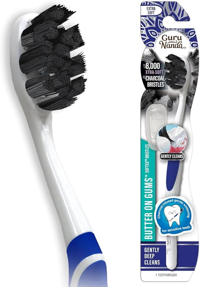 GuruNanda Butter on Gums Charcoal Toothbrush - 8,000+ Softex Bristles for Sensitive Teeth & Gums, Aids in Teeth Whitening, Extra Soft (1 Count)