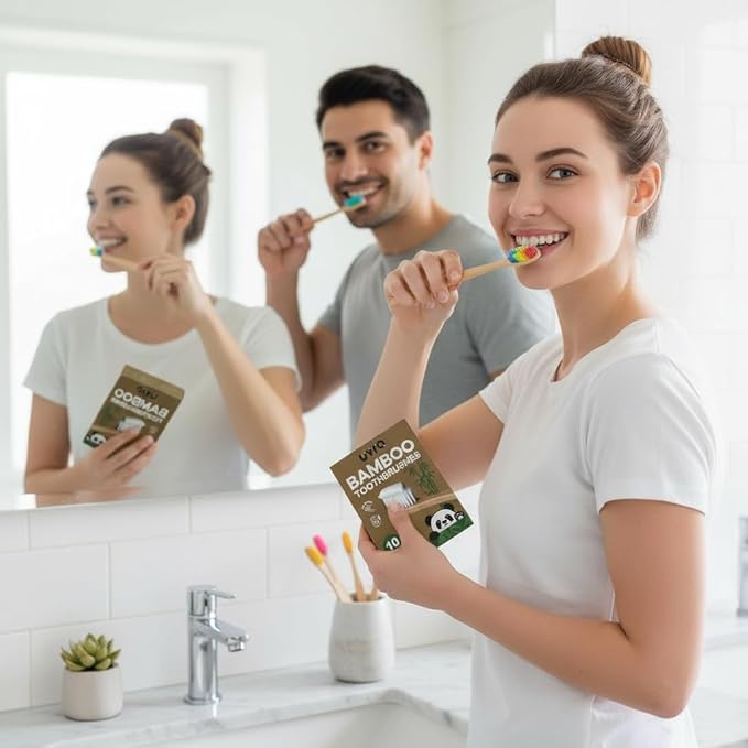 Bamboo Toothbrushes for Adults - 10 Pack Biodegradable Manual Toothbrushes Teeth Colorful Bristle Natural Bamboo Tooth Brush Dental Eco Wood Toothbrush (Rainbow)