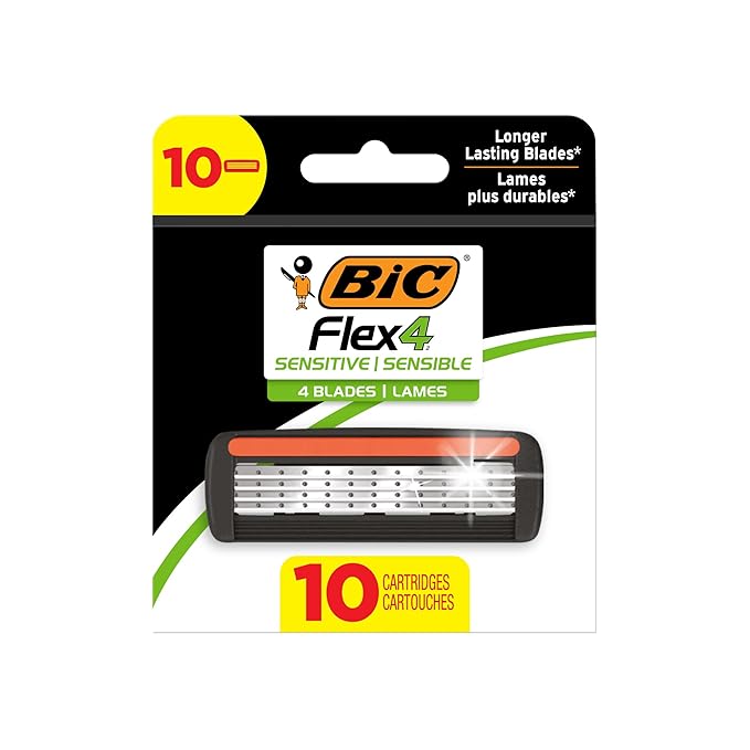 BIC Flex 4 Refillable Razors for Men, Long-Lasting 4 Blade Razor Refills for Sensitive Skin, 10 Razor Cartridges