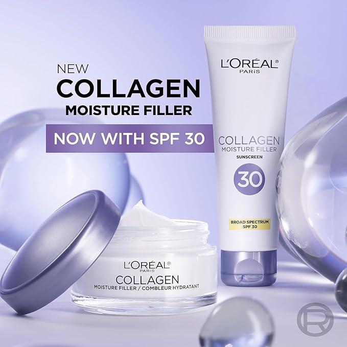 L'Oreal Paris Collagen Moisture Filler Face Cream, Anti-Aging Face Moisturizer, Non-Greasy Fragrance Free Skin Care Formula For Up to 48HR Hydration, 3.4 Oz, (Pack of 2)
