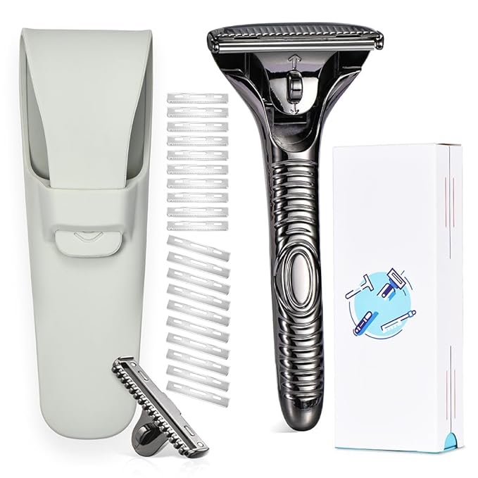 Magnetic Single Blade Razors for Men & Women,Reusable Safety Razor with 360° Rotating Track + 20 Single Edge Razor Blades + Waterproof Silicone Case - Black