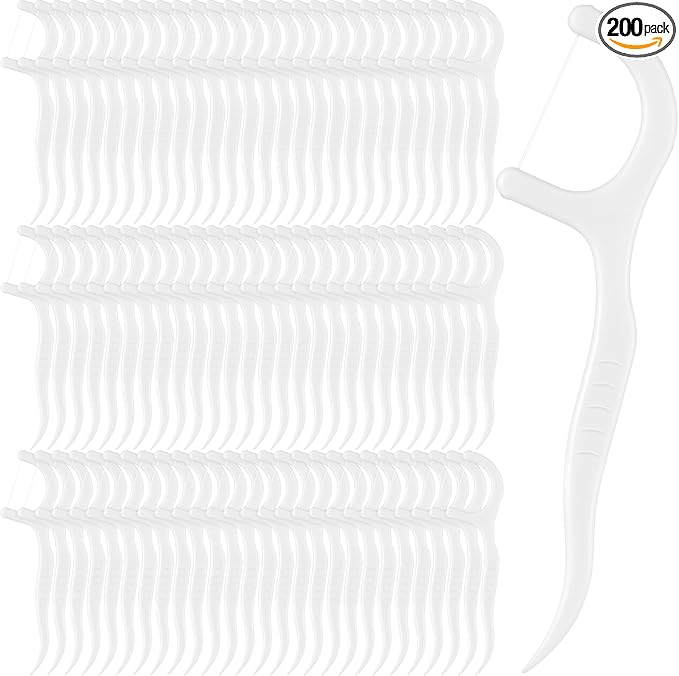 Baderke 200 Count Floss Picks Bulk Non Breakable Tooth Picks Flosser Dental Floss Sticks for Adults Teeth Cleaning Dental Flossers for Family Pack Travel (White)