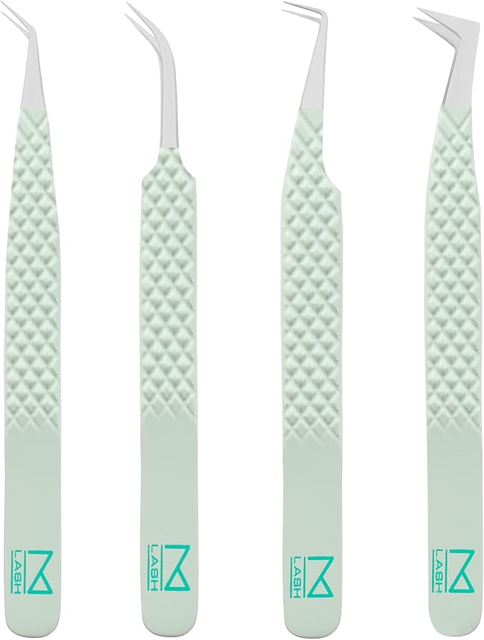 M LASH Tweezers for Eyelash Extensions (Set of 4) - Professional Lash Extension Tweezers - Fiber Tip, Japanese Steel, Diamond Grip Eyelash Extension Tweezer set (ET-GRN)