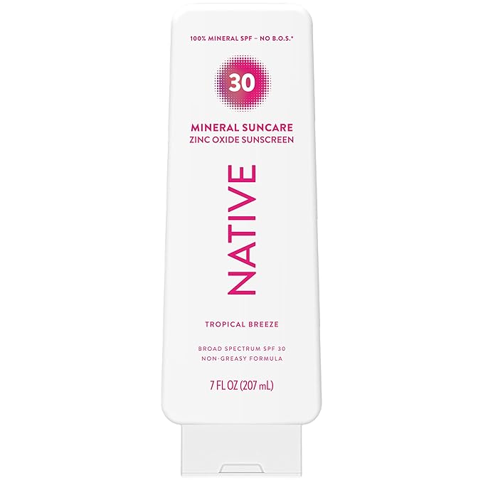 Native Sunscreen Lotion Tropical Breeze SPF 30, 100% Mineral SPF for Face & Body Broad Spectrum UVA UVB for Men & Women, Suitable for Sensitive Skin & Hawaii Compliant, Lightweight & No Residue, 7oz