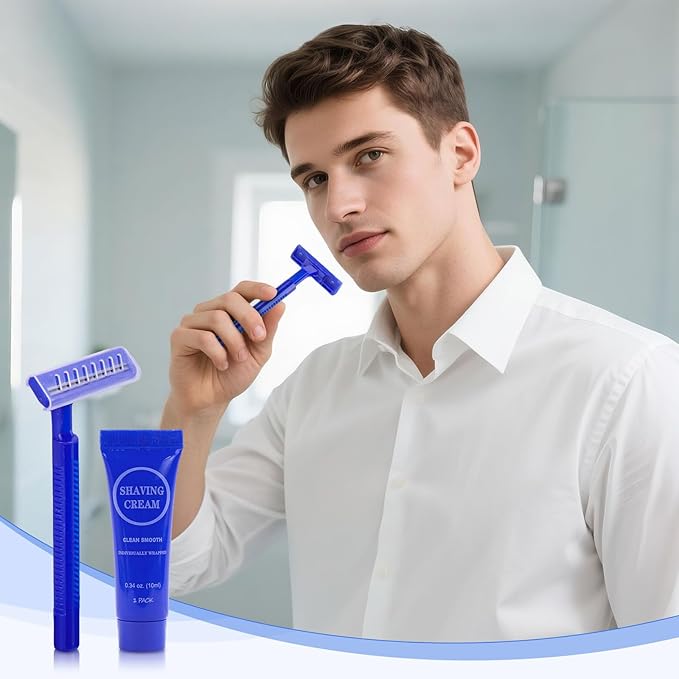 Disposable Razor Shaving Cream Set, Individually Wrapped Manual Twin Blade Shaving Razors in Bulk with Mini Smooth Shaving Cream Toiletries for Hotel Charity Camping Travel Homeless 0.34oz (30 Pack)