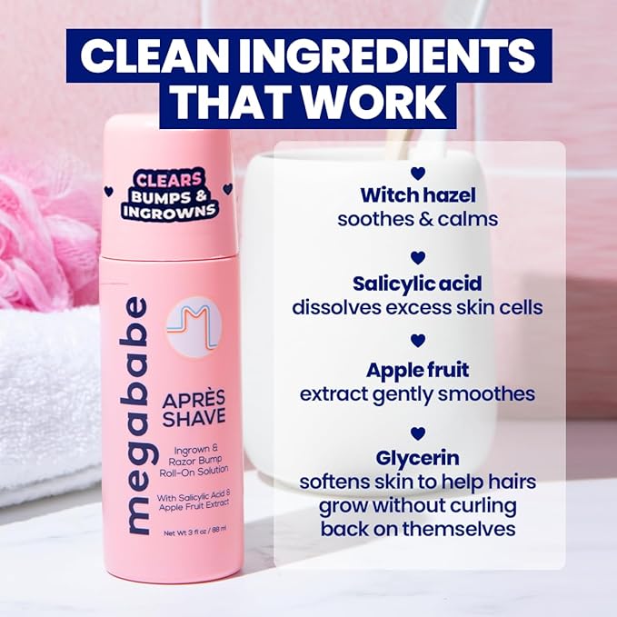 Megababe Après Shave | Post-Shave & Waxing | Ingrown Hair & Razor Bump Roll-On Treatment for Women | Bikini, Armpits & Legs (3.0 fl oz)
