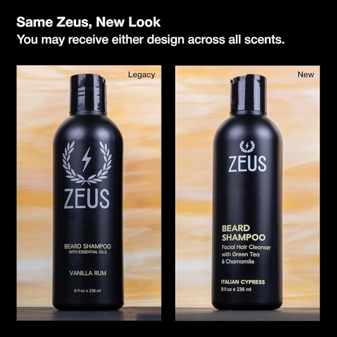 ZEUS Beard Shampoo for Men with Chamomile, Green Tea & Essential Oils, Deep Cleansing Hydration for Softer Facial Hair (Made in USA) Italian Cypress
