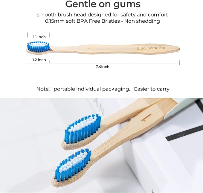 Bamboo Toothbrushes 10 Count, Soft Plant-Based Bristles, Natural Wooden Toothbrush for Adults, Biodegradable Travel Tooth Brushes