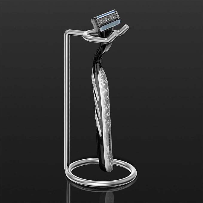 Linkidea Stainless Steel Safety Razor Stand, Polished Chrome Travel Shaving Razor Holder Compatible with Long Handle Safety Razor, Fusion 5 (Silver)