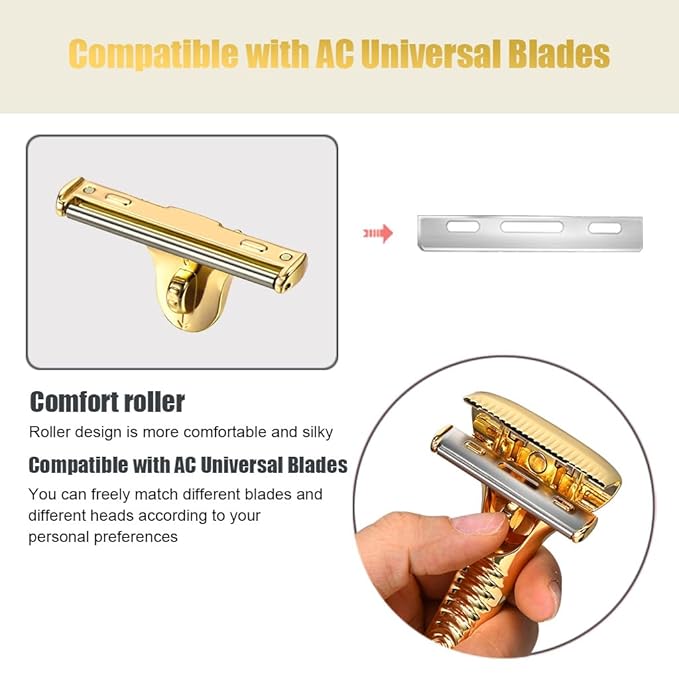 Single Blade Razors for Men and Women, Reusable Modular Safety Razor with Magnetic Head and Metal Non-Slip Grip, 10 Single Edge Razor Blades & Leather Case,Gold Roller
