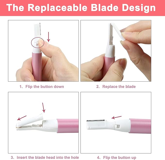 Electric Eyebrow Trimmer for Women, Facial Hair Razor Removal for Men, Mini Epilator for Bikini, Remover for Face, Chin, Peach Puzz, Lips, Body, Arms, Legs, Battery Operated (Pink)