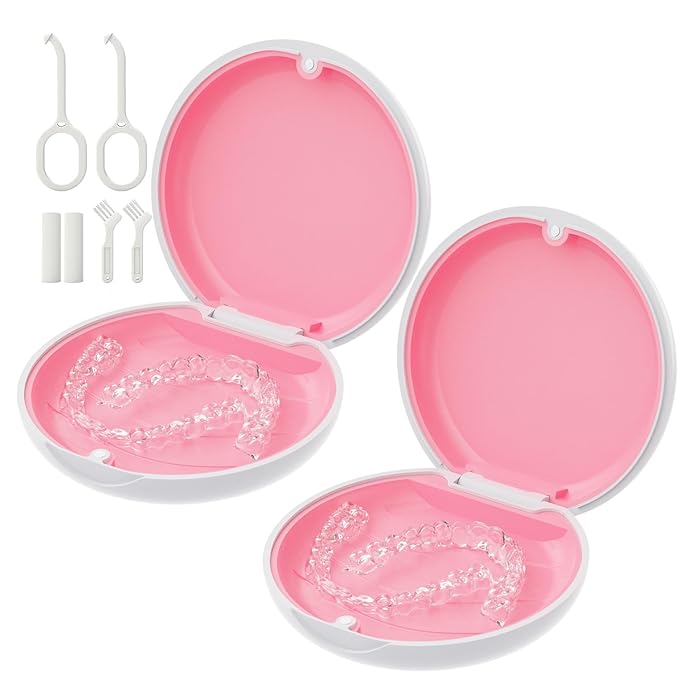 2 Pack Retainer Case, Compatible with Invisalign, Slim Aligner Case with Removal Tool, Aligner Seaters & Brush, Pocket Size Secure Magnetic Closure for Travel - White&Pink