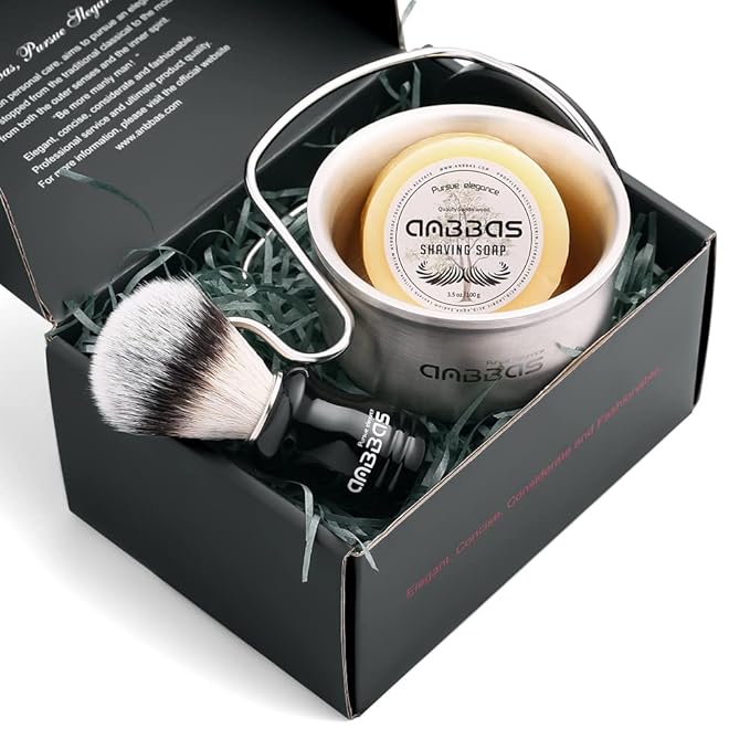 Anbbas Synthetic Badger Shaving Brush Set, 4IN1 Shaving Kit with Stainless Steel Shaving Stand and Lathering Foam Bowl, 3.5OZ Natural Shaving Soap Puck Refill for Men Wet Close Shave