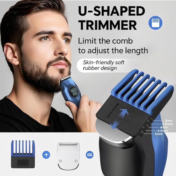 5-in-1 Electric Beard Trimmer Magnetic Replacement Heads, Professional Cordless Hair Clippers for Men Rechargeable, IPX7 Waterproof Grooming Kit for Face, Mustache, Body, Nose, Gifts for Men (Blue)