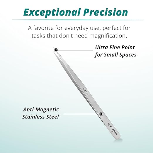 Excelta Straight Slim Very Fine Point Tweezers, 5.5" Anti-Magnetic Stainless Steel, Ideal for Confined Areas, Basic