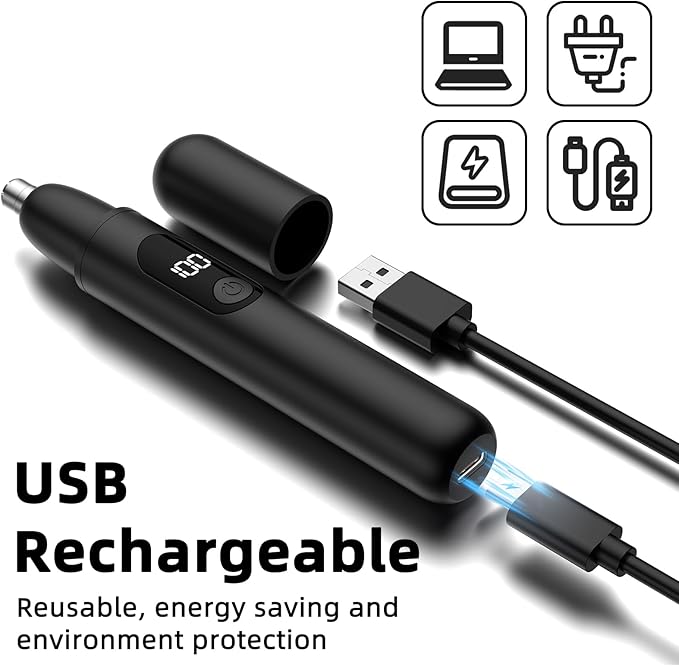 Smity Nose Hair Trimmer, Rechargeable Cordless Painless Ear Eyebrow Trimming Tool Dual Edge Blades Razor Easy Cleansing with LED Light for Man Woman (Black)