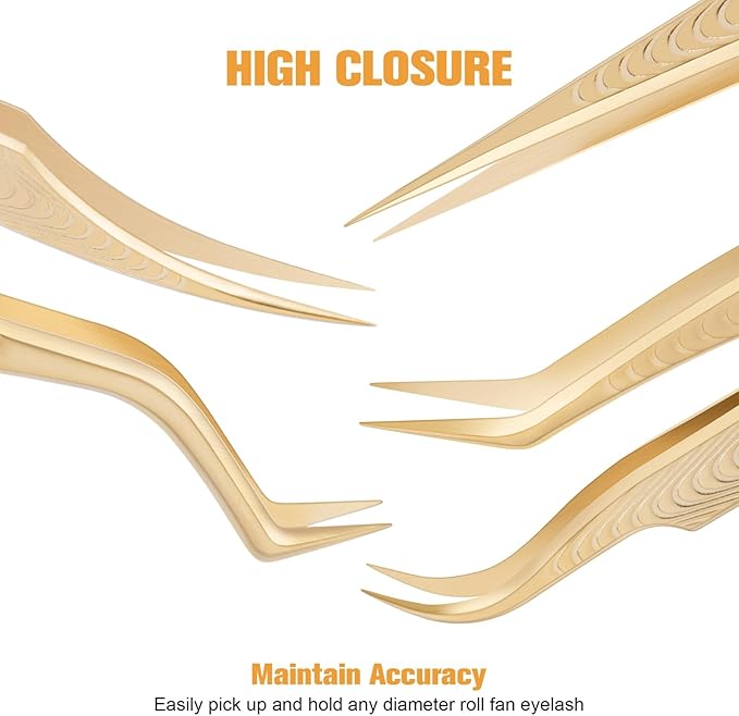 Lash Tweezers for Eyelash Extension, Professional Lash Extension Tweezer Set, High Precision Eyelash Tweezers for Volume Eyelash Extensions (Gold, 5PCS Set)