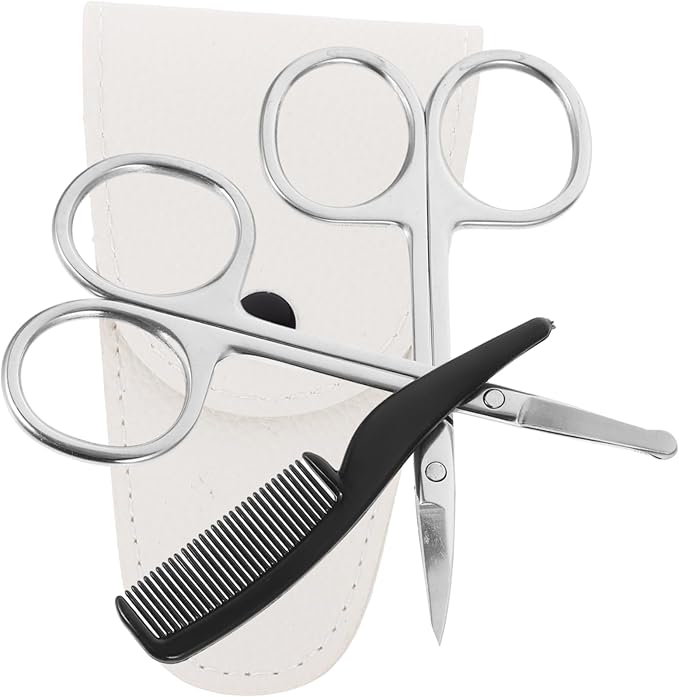 Ipetboom 4pcs Stainless Steel Beard and Mustache Scissors Set with Nose Hair Trimmer Precision Pointed and Round Scissors White Leather Comb for Grooming and Detailing