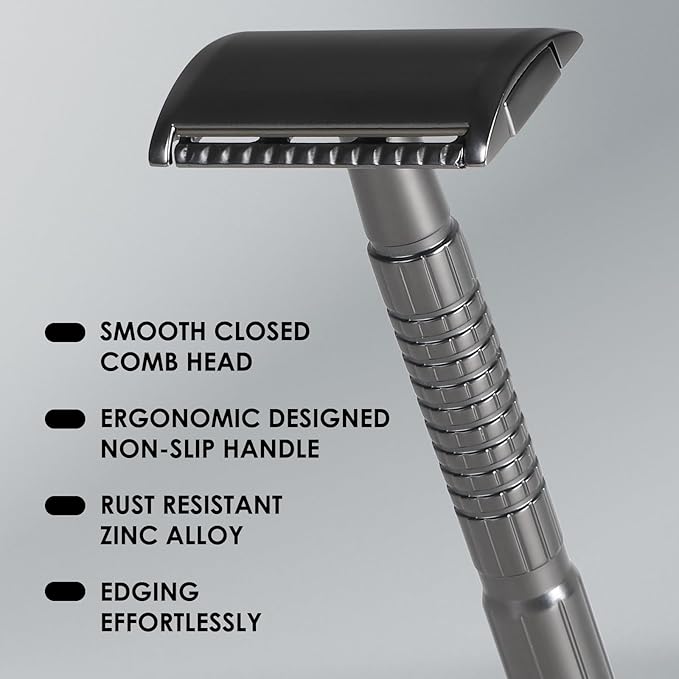 CLASSIC Double Edge Safety Razor with NONSLIP Handle, 10 Swedish Platinum Coated Blades Refills